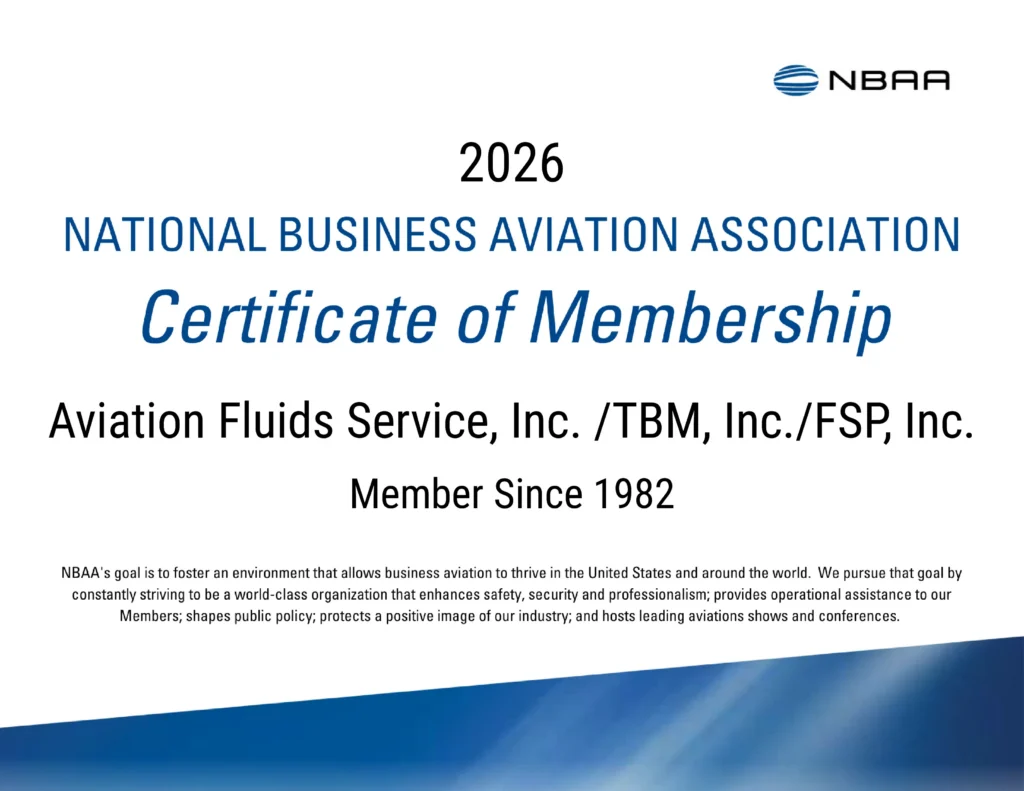 National Business Aviation Association Certificate of Membership for Aviation Fluids Service, Inc./TBM, Inc./FSP, Inc.